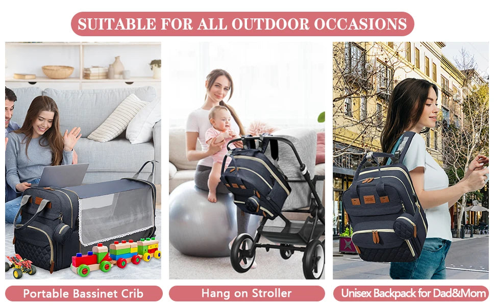 Sac à langer 3 en 1 Sac à dos Lit de bébé pliable Sac de voyage étanche avec charge USB Sac à dos à langer avec lit à langer 3 types