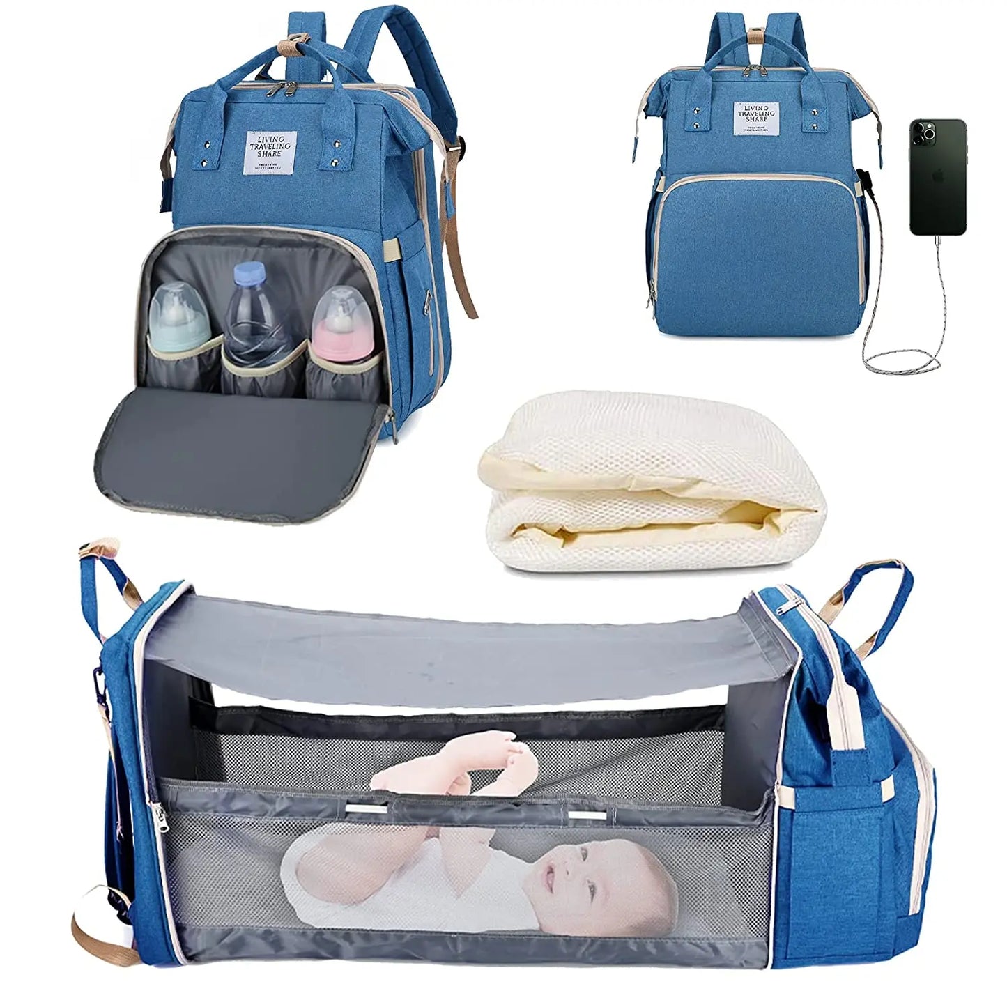 Sac à langer 3 en 1 Sac à dos Lit de bébé pliable Sac de voyage étanche avec charge USB Sac à dos à langer avec lit à langer 3 types