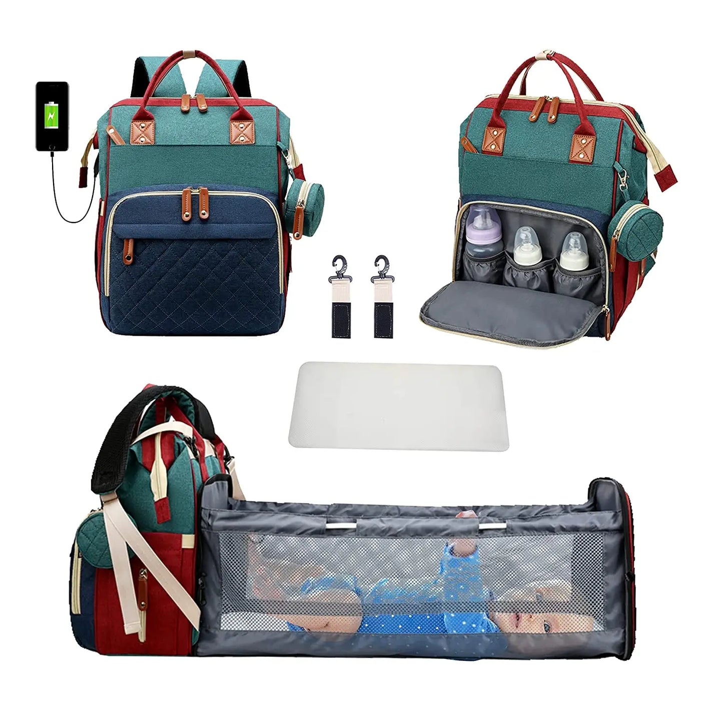 Sac à langer 3 en 1 Sac à dos Lit de bébé pliable Sac de voyage étanche avec charge USB Sac à dos à langer avec lit à langer 3 types