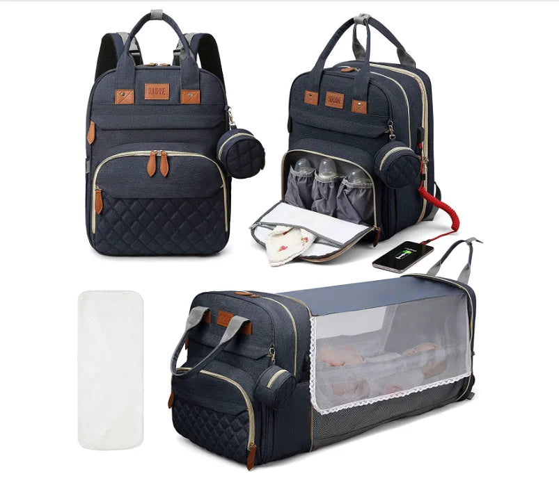 Sac à langer 3 en 1 Sac à dos Lit de bébé pliable Sac de voyage étanche avec charge USB Sac à dos à langer avec lit à langer 3 types
