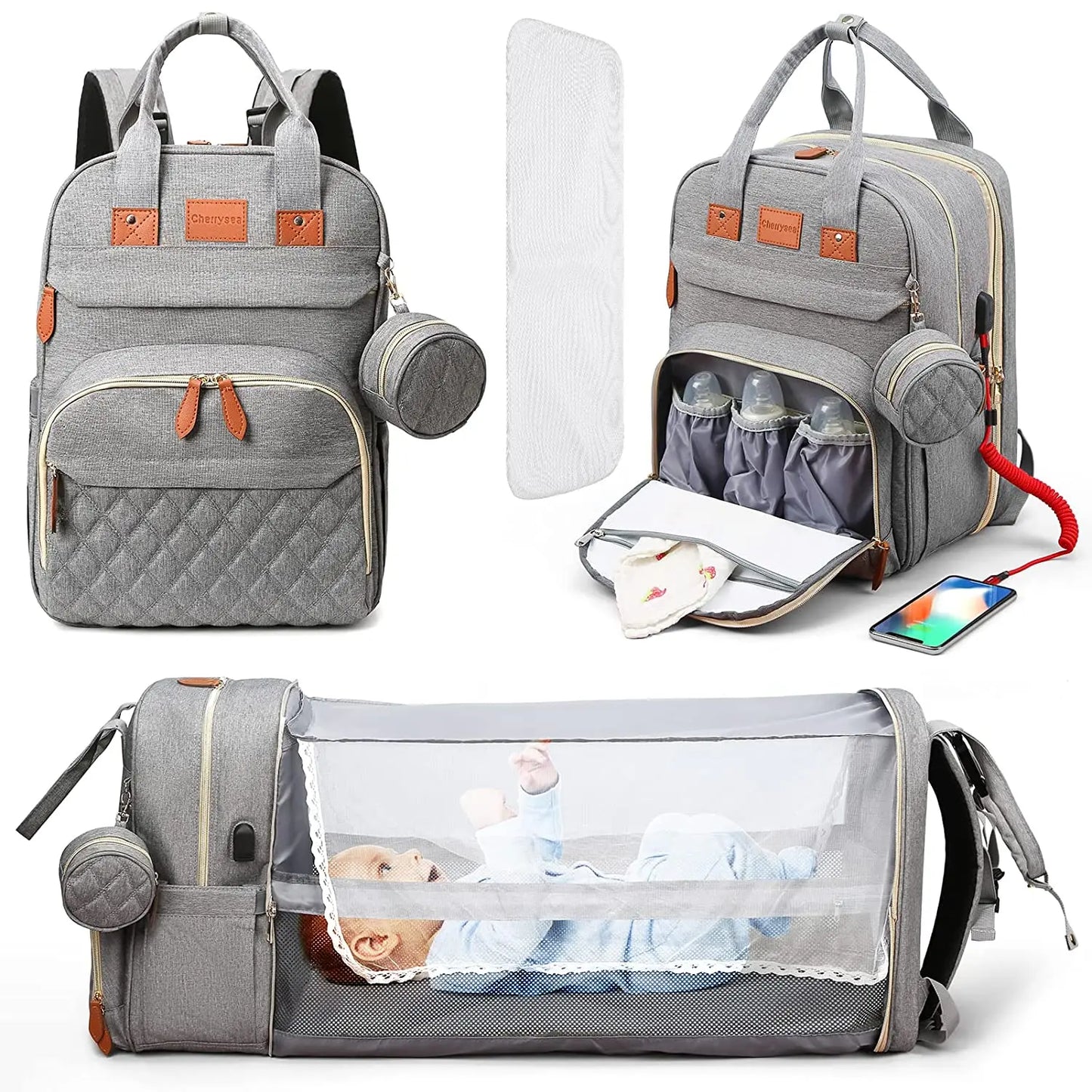 Sac à langer 3 en 1 Sac à dos Lit de bébé pliable Sac de voyage étanche avec charge USB Sac à dos à langer avec lit à langer 3 types