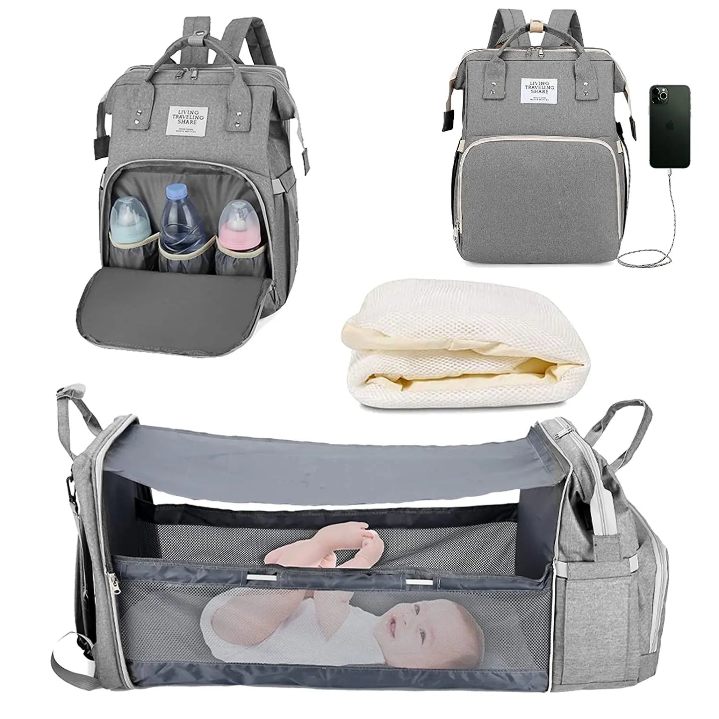 Sac à langer 3 en 1 Sac à dos Lit de bébé pliable Sac de voyage étanche avec charge USB Sac à dos à langer avec lit à langer 3 types