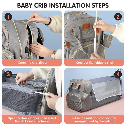 Sac à langer 3 en 1 Sac à dos Lit de bébé pliable Sac de voyage étanche avec charge USB Sac à dos à langer avec lit à langer 3 types