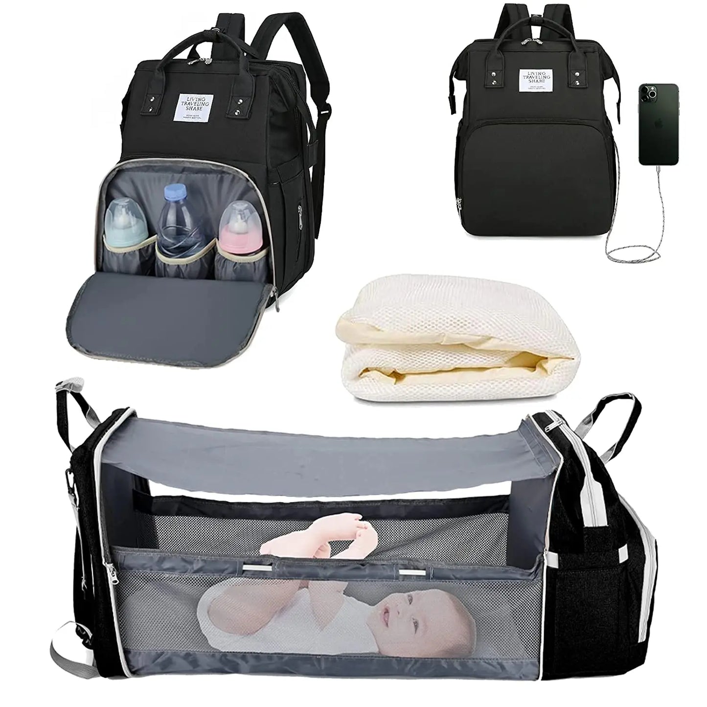 Sac à langer 3 en 1 Sac à dos Lit de bébé pliable Sac de voyage étanche avec charge USB Sac à dos à langer avec lit à langer 3 types
