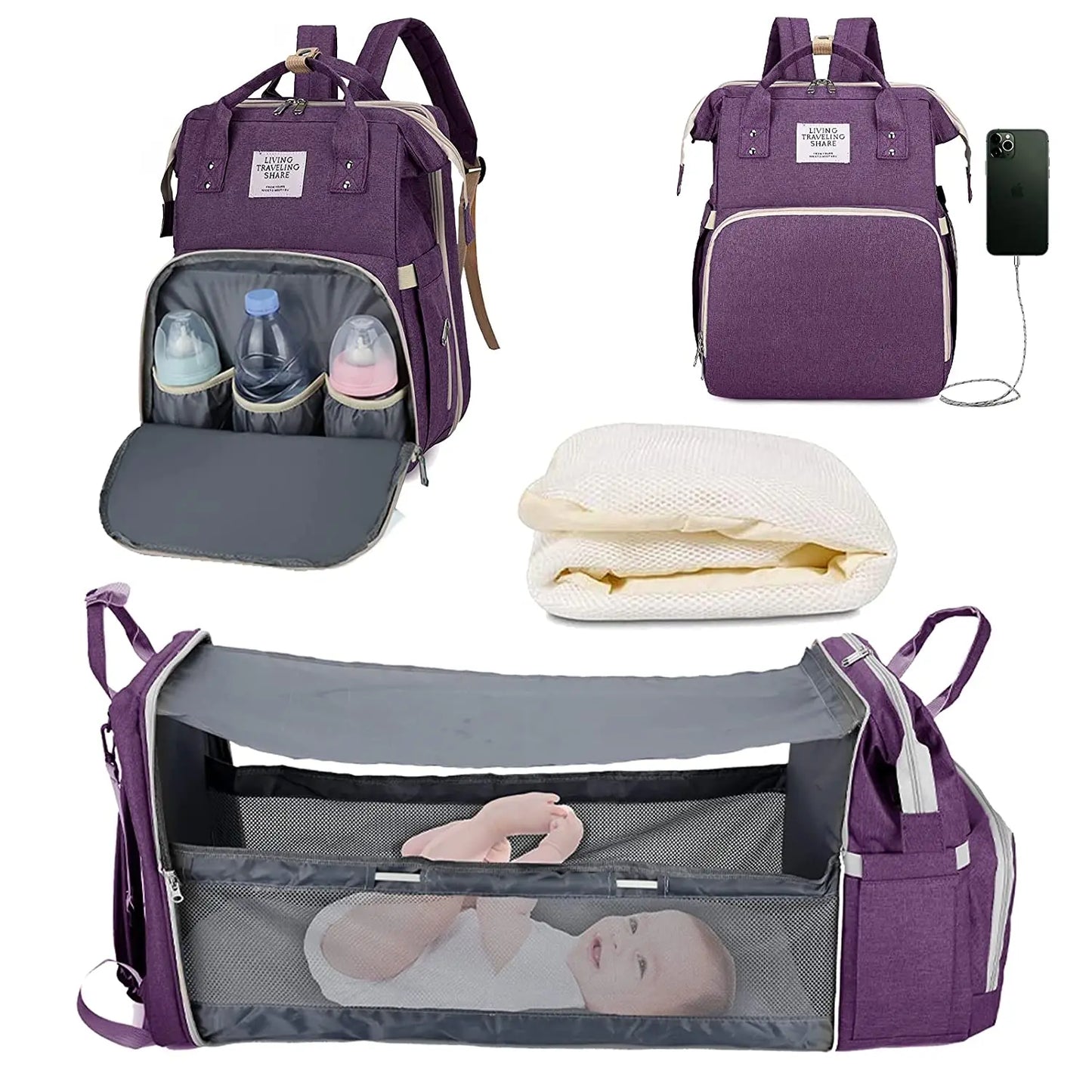 Sac à langer 3 en 1 Sac à dos Lit de bébé pliable Sac de voyage étanche avec charge USB Sac à dos à langer avec lit à langer 3 types