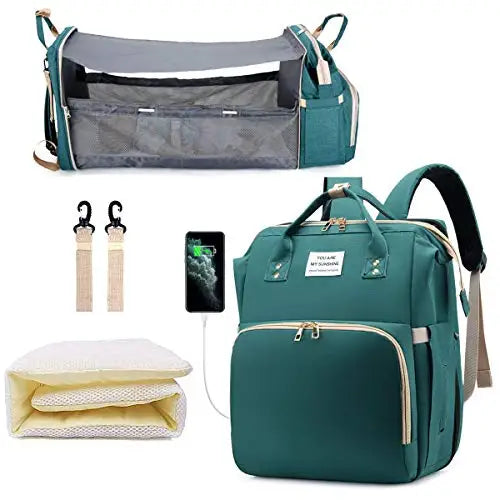 Sac à langer 3 en 1 Sac à dos Lit de bébé pliable Sac de voyage étanche avec charge USB Sac à dos à langer avec lit à langer 3 types