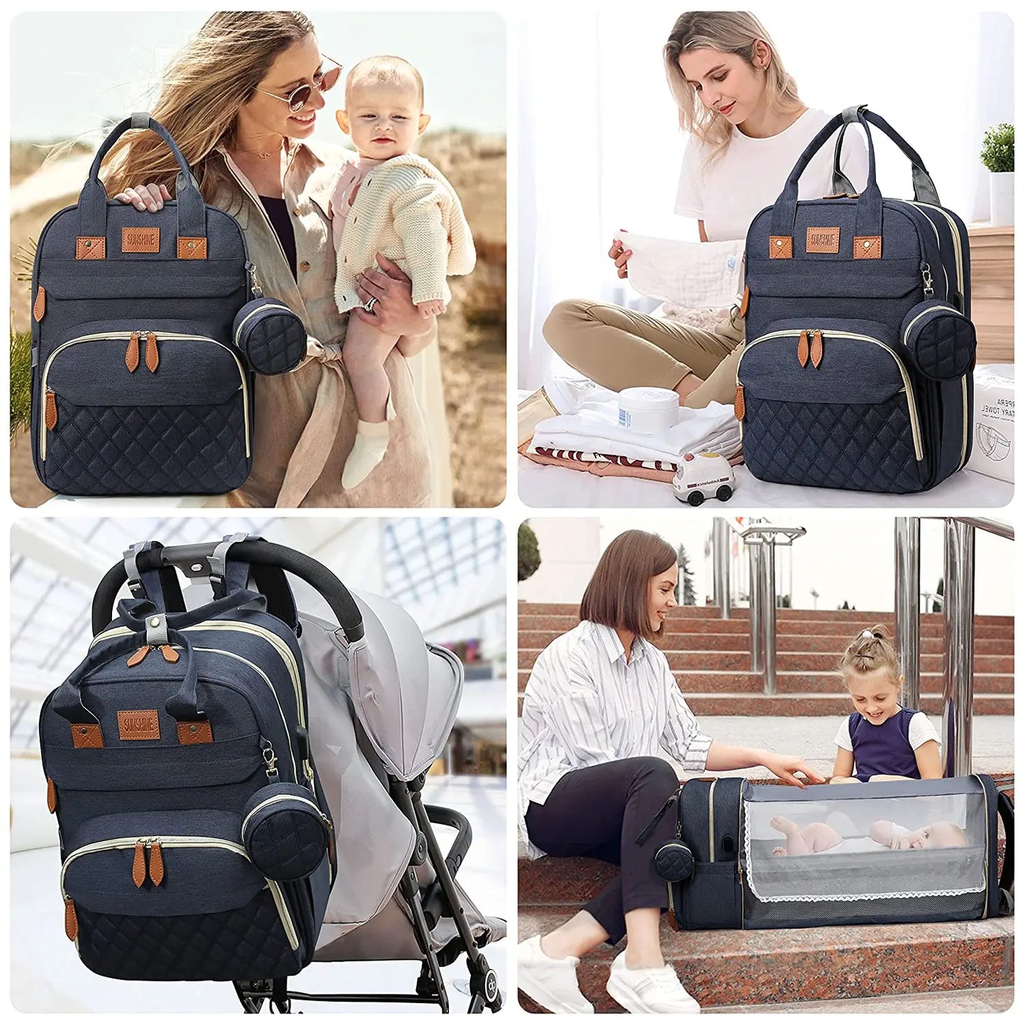 Sac à langer 3 en 1 Sac à dos Lit de bébé pliable Sac de voyage étanche avec charge USB Sac à dos à langer avec lit à langer 3 types