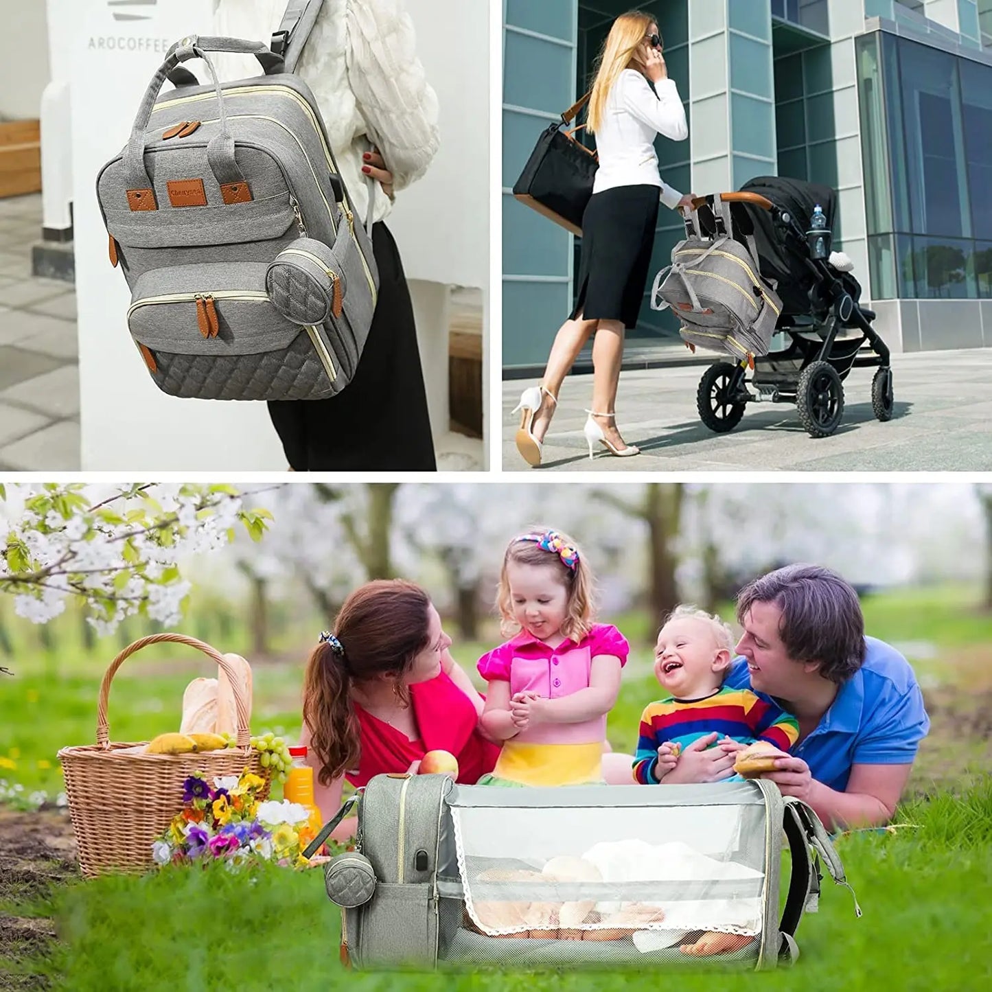 Sac à langer 3 en 1 Sac à dos Lit de bébé pliable Sac de voyage étanche avec charge USB Sac à dos à langer avec lit à langer 3 types