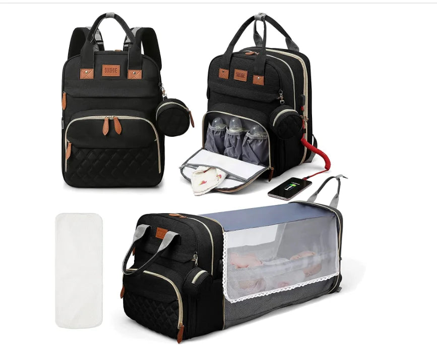 Sac à langer 3 en 1 Sac à dos Lit de bébé pliable Sac de voyage étanche avec charge USB Sac à dos à langer avec lit à langer 3 types