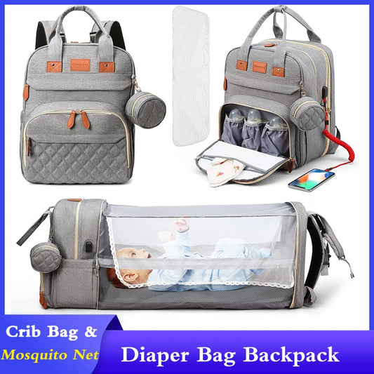 Sac à langer 3 en 1 Sac à dos Lit de bébé pliable Sac de voyage étanche avec charge USB Sac à dos à langer avec lit à langer 3 types
