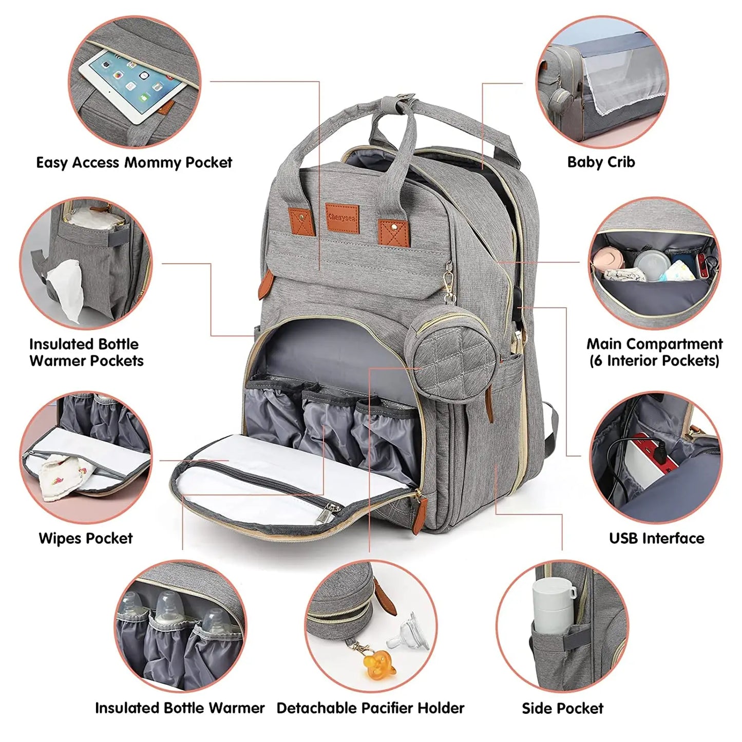 Sac à langer 3 en 1 Sac à dos Lit de bébé pliable Sac de voyage étanche avec charge USB Sac à dos à langer avec lit à langer 3 types